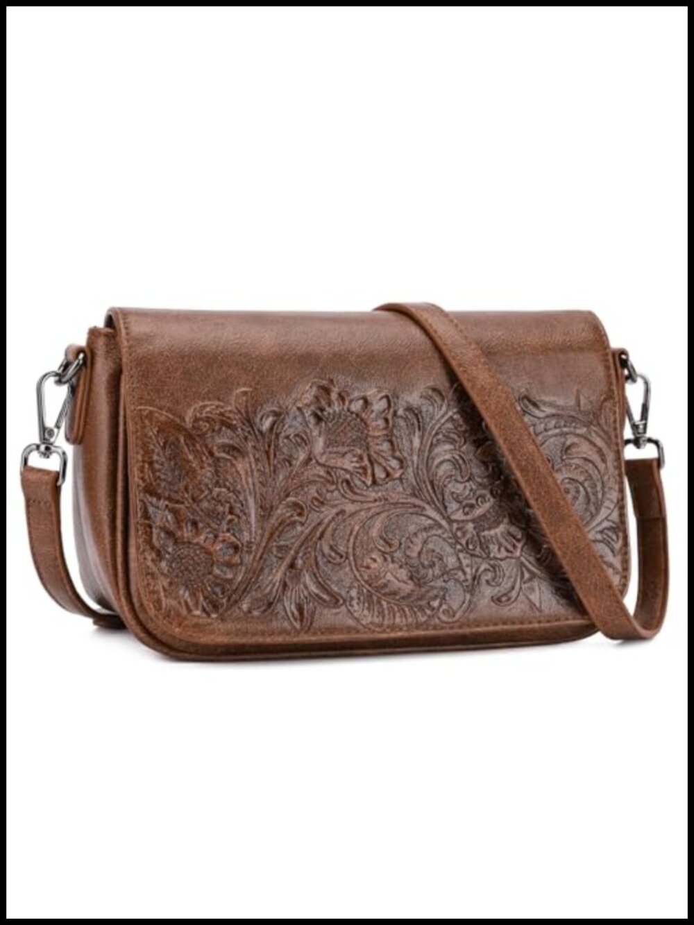 Vegan Leather Floral Embossed Crossbody Bag, Adjustable Strap, 5 Pockets